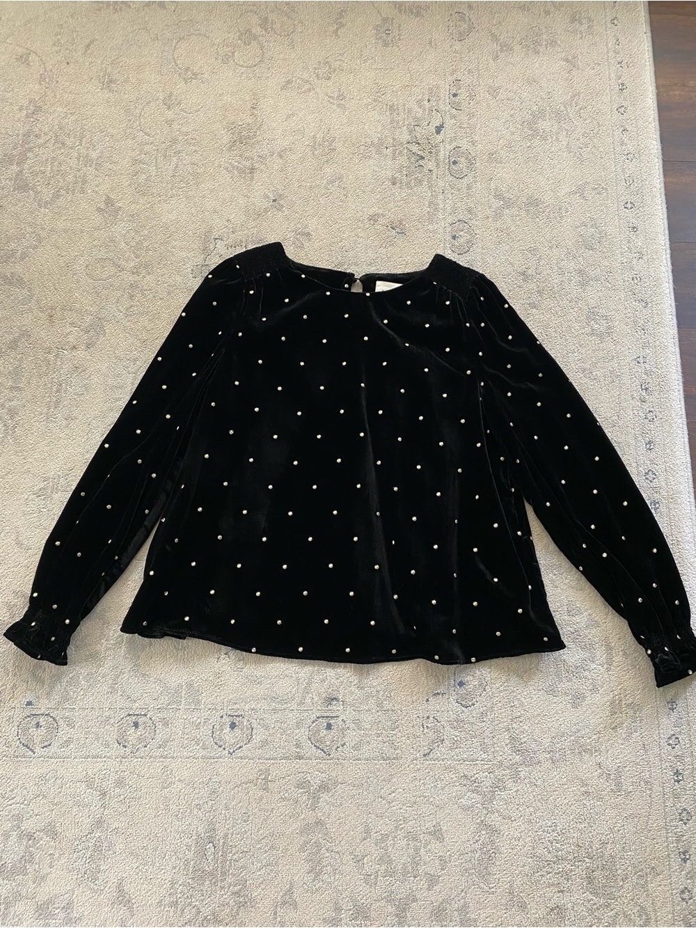 Sezane Velvet Polka Dot Blouse FR 38 US 6 Black Gold Shirred Ruffle Cuff Holiday